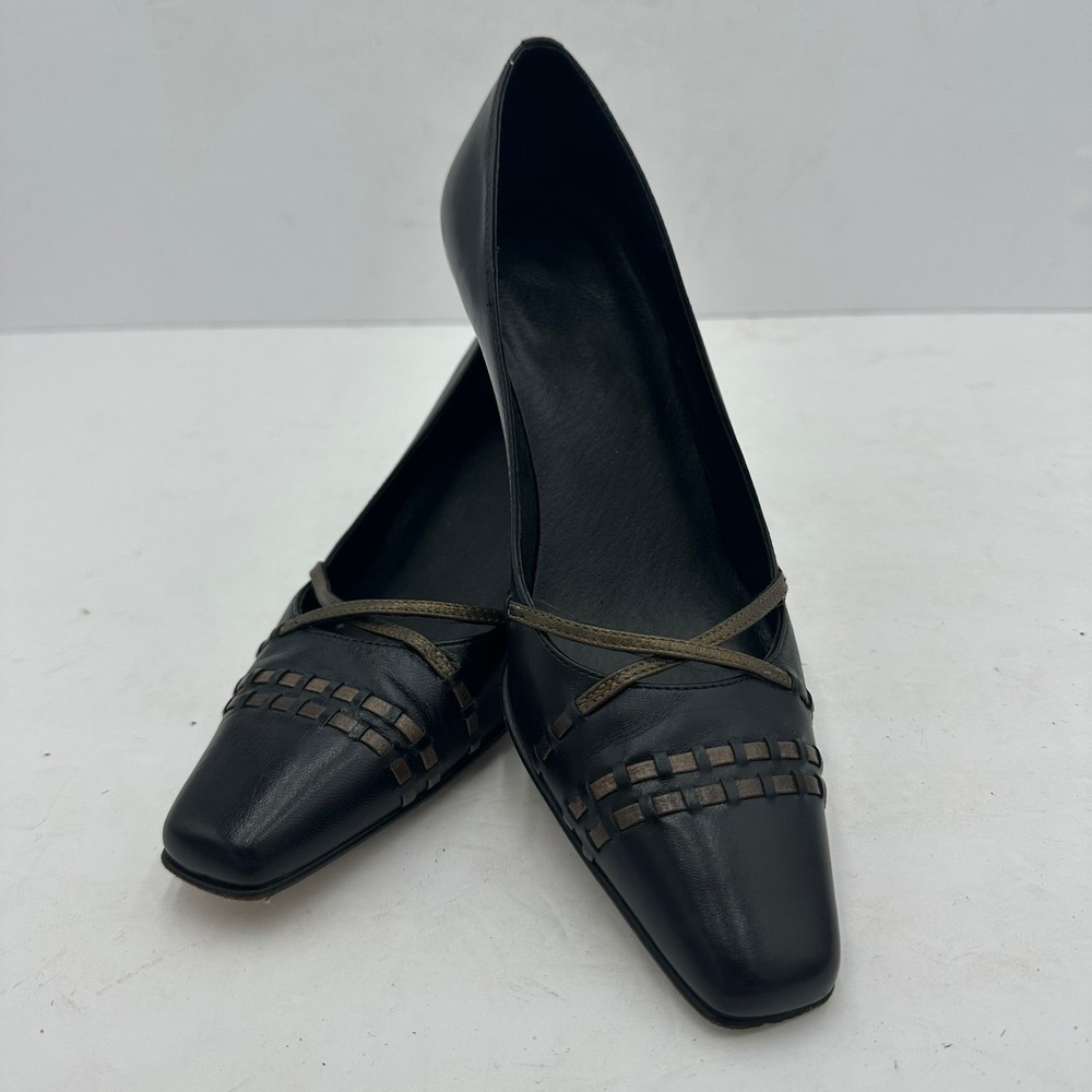 Vero Cuoio‎ Black Leather Square Toe Kitten Heels Woven Detail Made in Italy 7B